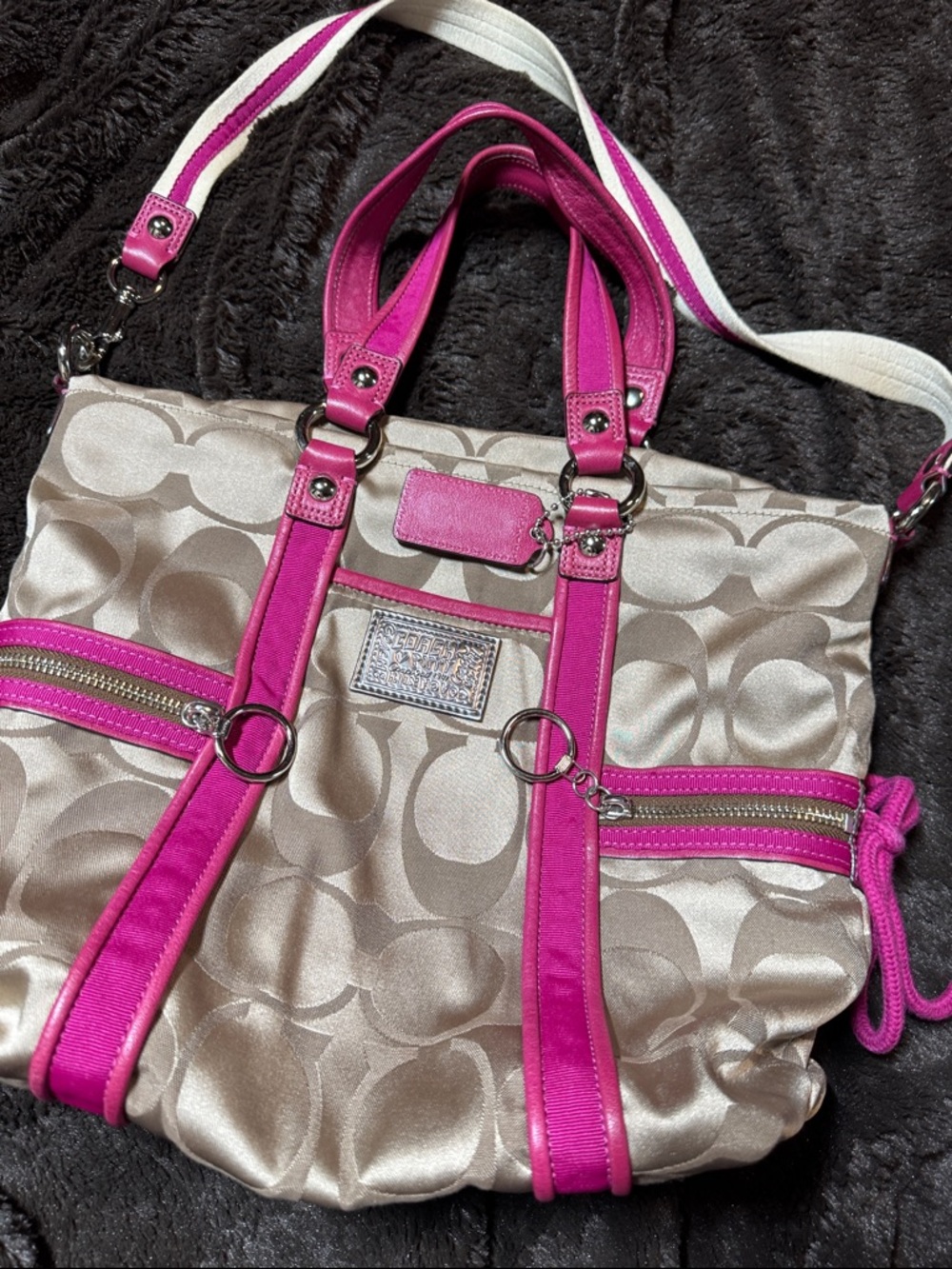 Coach Beige Signature Tote with Hot Pink Trim